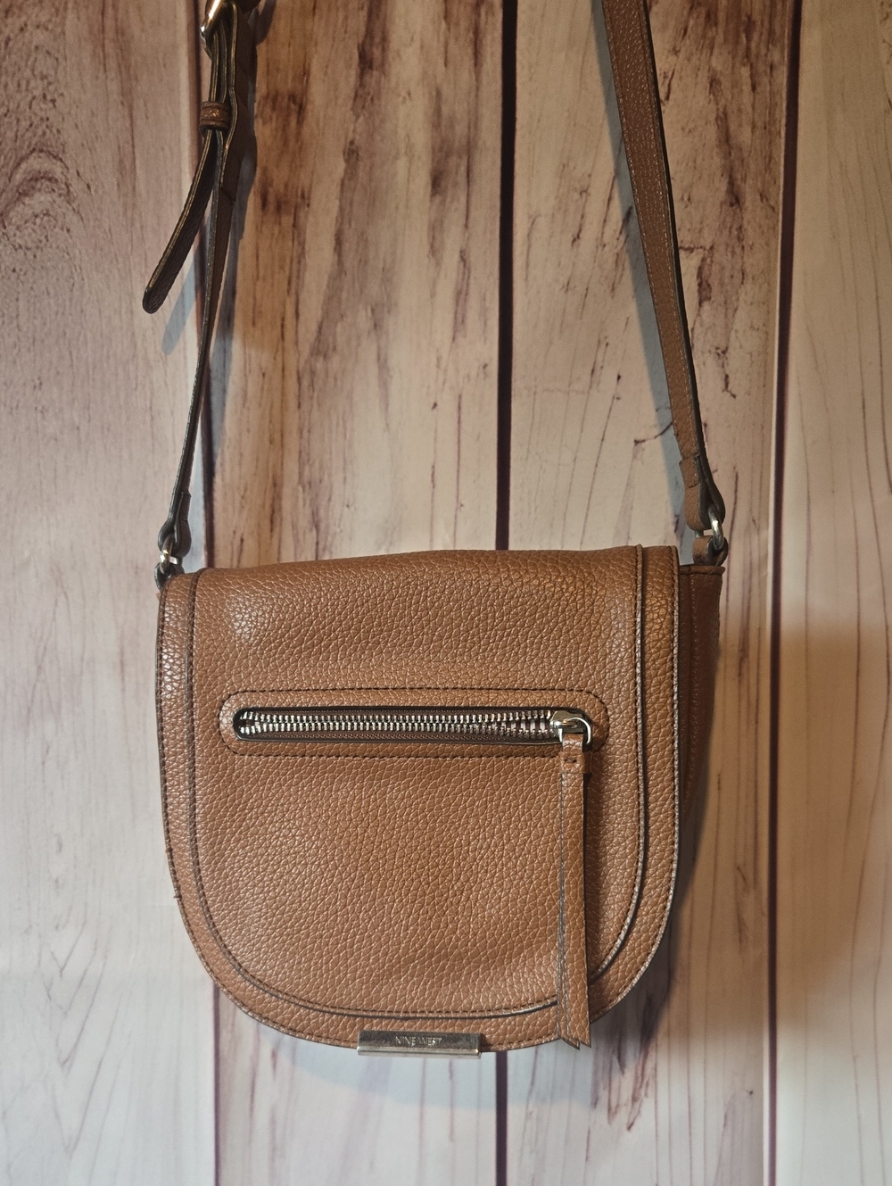Nine West Pebbled Tan Faux Leather Small Crossbody Saddle Bag